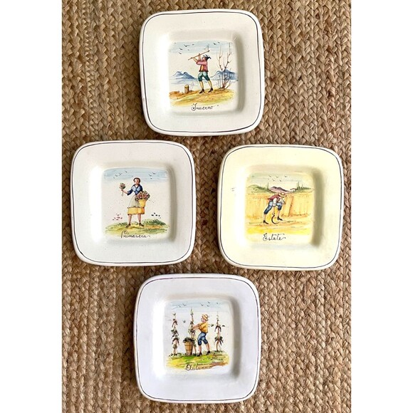 Set of 4 Hand Painted SEASONS Square Plates 9" Italy Vintage RARE - Picture 6 of 16